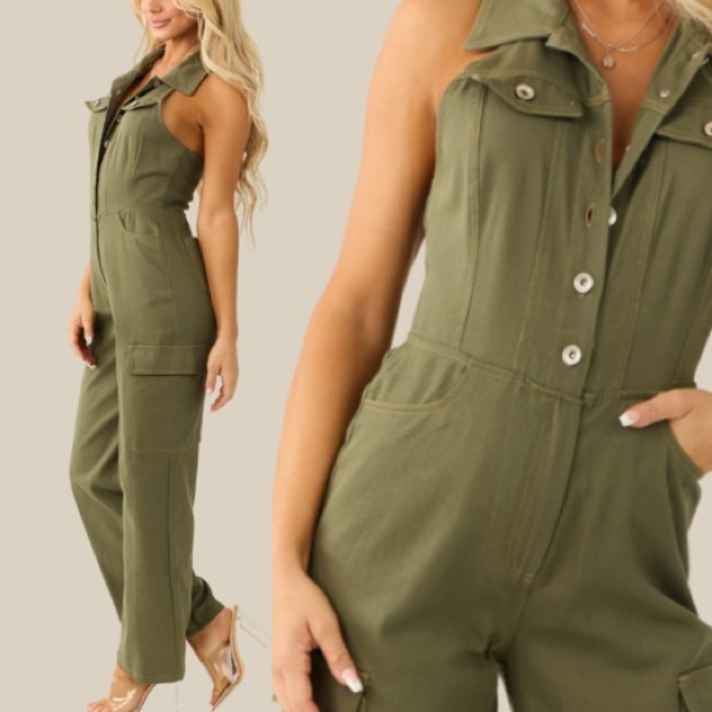 New Trendy Chic Halter Denim Olive Cargo Jumpsuit